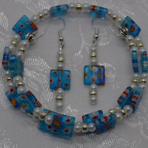Blue Square Millefiori Glass Bracelet and Earring Set (Memory Wire Wraps 1.5-2 times around wrist)