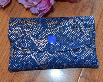 Blue Lace Over Gold Leopard Print Faux Leather Business Card/Credit Card/Change Purse