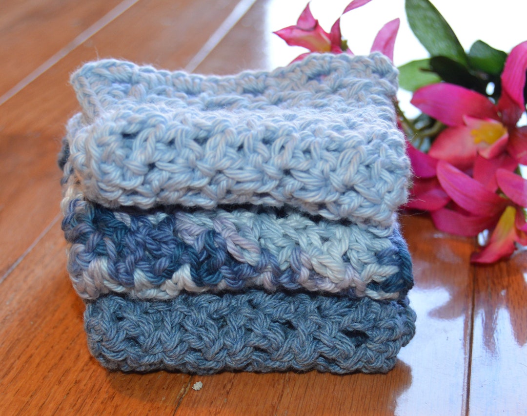 Shades of Blue Crochet Cotton Washcloths set of 3 Etsy