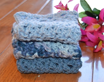 Shades of Blue Crochet Cotton Washcloths (Set of 3)