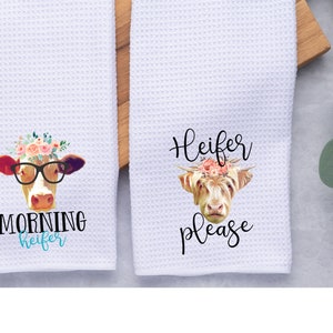 Morning Heifer/Heifer Please White Waffle Weave Microfiber Kitchen Towel Set (Set of 2)