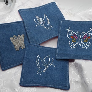 Glittery & Reversible Denim Rhinestone Butterfly Coasters (Set of 4)
