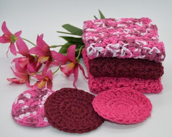 Rose Colored Spa/Wash Cloth & Face Scrubbie Set