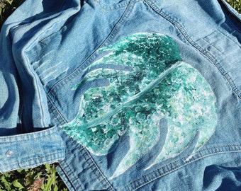 Alba Monstera hand painted denim jacket size small