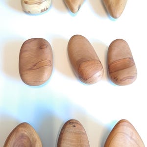 May include: Nine smooth, wooden stones in various shapes and sizes. The stones are a warm, natural wood tone with visible grain patterns. Some are rounded, others diamond-shaped or oval, and all have a polished appearance. The arrangement is on a white background.