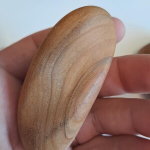 May include: A light brown, oval-shaped wooden object with visible wood grain. The object is held in a hand, with other dark-colored, pebble-like objects visible in the background. The wood has a natural, warm tone.
