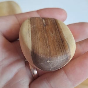 May include: A smooth, wooden pebble with a rounded shape. The pebble is made of light and dark brown wood, with visible grain patterns. The object is held in a hand, with other similar pebbles visible in the background.