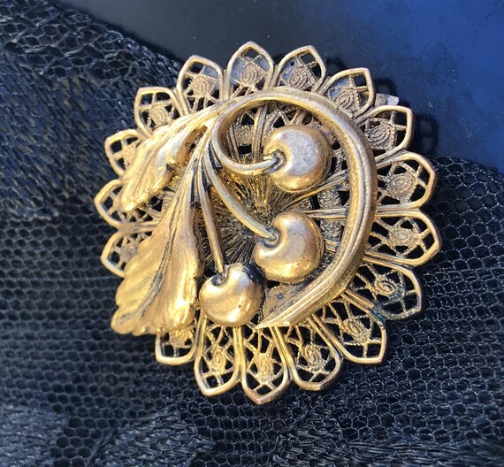 Vintage 1940's Brass Filigree Cherry Dress Clip