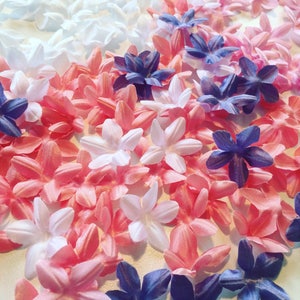 Puede incluir: Una colección de pétalos de flores de seda en tonos rosa, blanco y morado. Los pétalos están dispuestos en un patrón aleatorio, creando una hermosa y delicada exhibición.