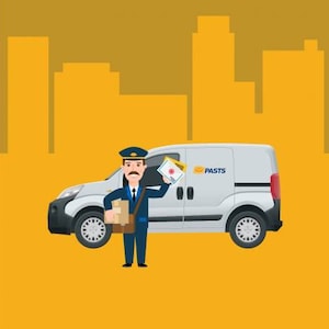 May include: A white delivery van with the word "PASTS" on the side. A mail carrier in a blue uniform stands next to the van, holding a package and a letter.