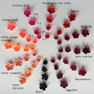Puede incluir: Una carta de colores de 15 tonos diferentes de rojo, naranja y negro. Los tonos están dispuestos en un círculo, con los tonos más oscuros en la parte inferior y los tonos más claros en la parte superior. Los tonos están etiquetados con sus nombres, como "Rosa fucsia", "Rosa naranja", "Naranja ultra", "Coral", "Melocotón", "Rojo fresa", "Carmín", "Burdeos", "Escarlata oscuro", "Mora", "Berenjena" y "Negro".