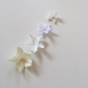 May include: Five white paper flowers of varying sizes, arranged in a row from largest to smallest. The flowers are all made of paper and have a delicate, origami-like appearance.