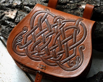 Bolso BELT POUCH de cuero medieval temprano, tallado históricamente inspirado "Nudo de Metz", recreación / vikingo / LARP, tamaño mediano