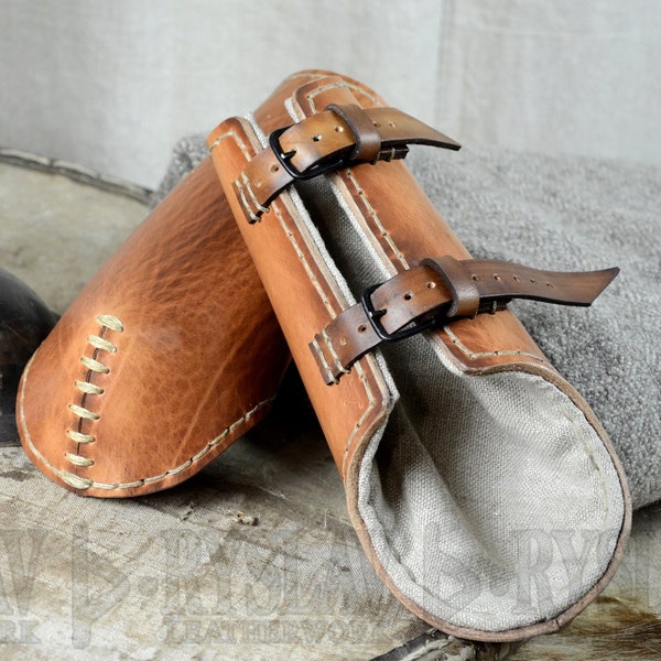 Leather Viking Combat Vambrace for FULL CONTACT FIGHT, Strengthened Genuine Leather, With Elbow and Hand Forged Buckles