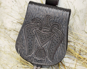 Bolso BELT POUCH de cuero medieval temprano, tallado históricamente inspirado "Pájaro del río Nerl", recreación / vikingo / LARP, tamaño pequeño