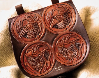 Bolso BELT POUCH de cuero medieval temprano, tallado históricamente inspirado "Báculo", recreación / vikingo / LARP, tamaño grande