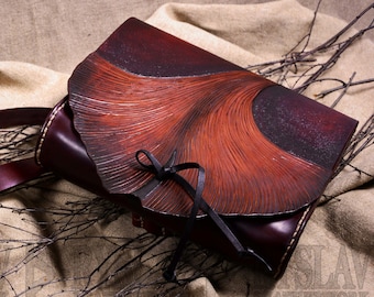 Leather Shoulder Bag GINKGO BILOBA, Messanger Bag, Fully Hand Tooled, Hand Dyed and Hand Sewn, Natural Leather, LEAF Carving, Phone Pocket