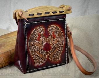 Bolso vikingo con asa de cuero y madera, Hedeby Haithabu, tallado a mano "Huginn y Muninn" Recreación medieval temprana / Vikingo / LARP Tamaño grande