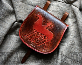 Bolso BELT POUCH de cuero medieval temprano, tallado históricamente inspirado "Sleipnir", recreación / vikingo / LARP, tamaño grande