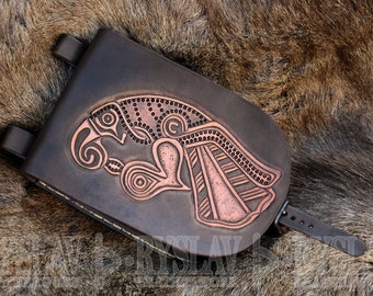 Bolso BELT POUCH de cuero medieval temprano, tallado históricamente inspirado "Cuervo", recreación / vikingo / LARP, tamaño mediano