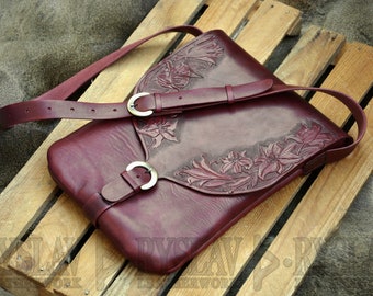 Leather Shoulder Bag LILY FLOWER, Purse, Fully Hand Tooled, Hand Dyed and Hand Sewn, Flower Carved, Natural Leather, Florist Style Carving