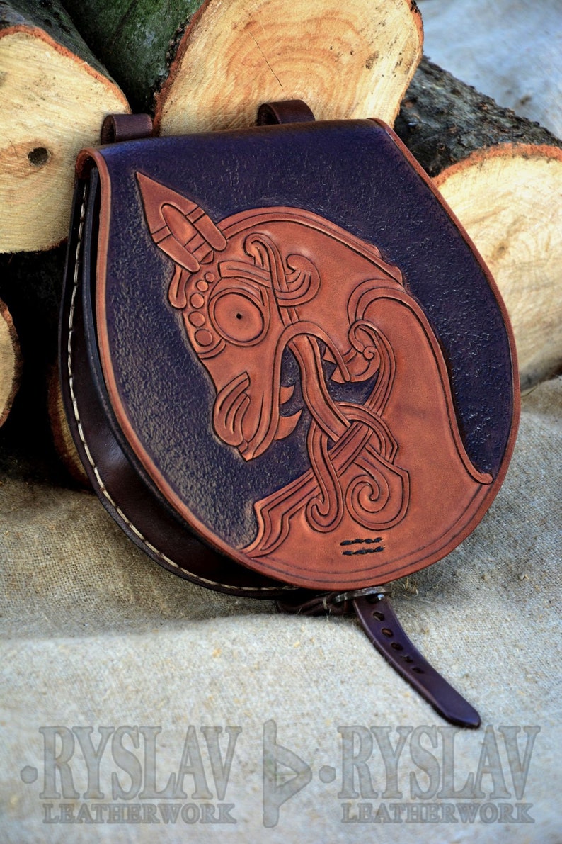 Early Medieval Leather BELT POUCH Bag, Historically Inspired Carving Gokstad Beast, Reenactment / Viking / LARP, Medium size image 1