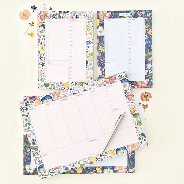 Pretty Floral Planner Pad Set, Gift Bundle for Her, Pressed Flower Design, Work and Home Planning, Recycled Paper