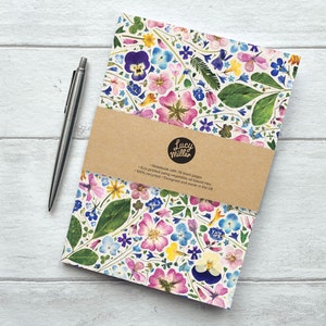 Pressed Flower Notebook, A5, Recycled, Lined, Eco Stationery, Pretty Floral Gift for Her