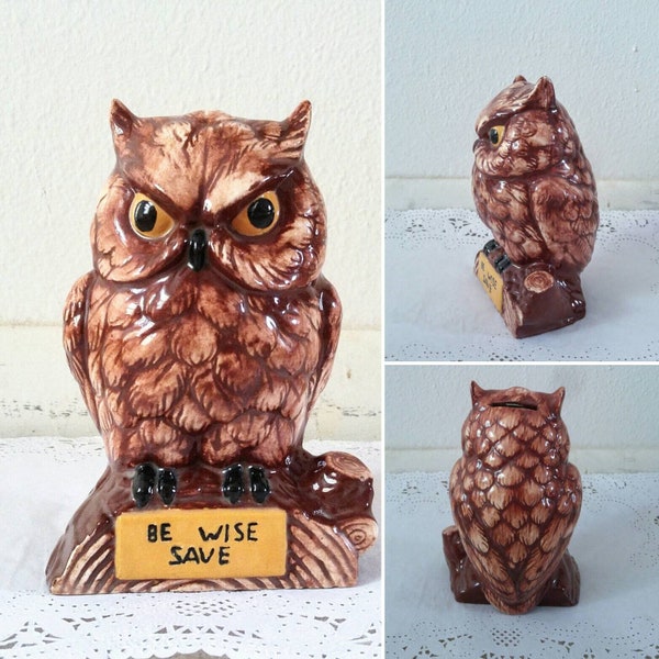 1960s Owl Bank "Be Wise Save" Coin Bank * Vintage Owl on Branch Ceramic Coin Bank * Barn Owl Money Bank * Owl Lover Gift * Owl Collector