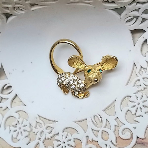 Vintage Jeweled Mouse Broach With Faux Emerald Eyes * Gold Tone Rhinestone Mouse Lapel Pin * Retro Costume Jewelry * Big Ear Mouse Jewelry