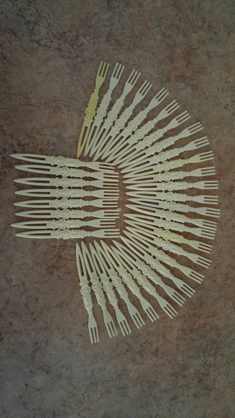 Retro Ivory Mini Forks In Carved Celluloid Lattice Holder *Set Of 35