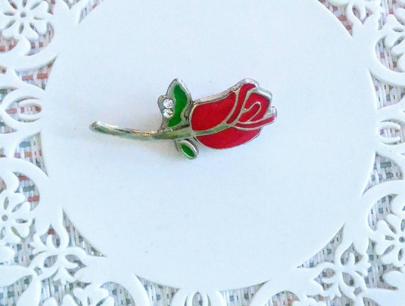 Vintage Enamel Rose Rhinestone Lapel Pin * Long S… - image 2
