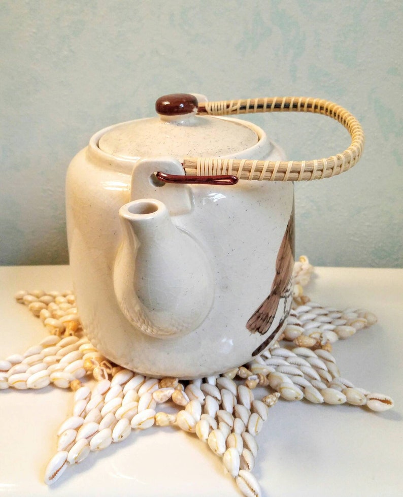 Owl On Branch Rustic Stoneware Pottery Tea Maker Retro Owl Teapot Vintage 1960s Drinkware Rattan Wrap Handle