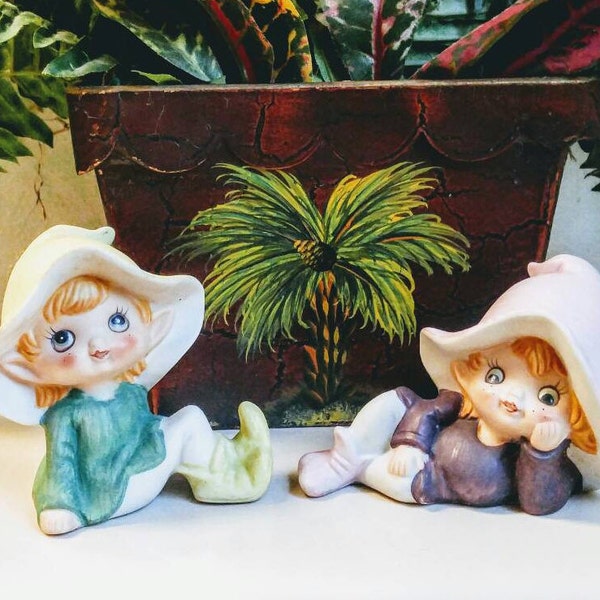 Vintage Garden Elf Homco Figurine Set Of 2 * Fairy Garden Pixie Elves Home Interior * Whimsical Elf Folklore Decor * Elf Collector Gift