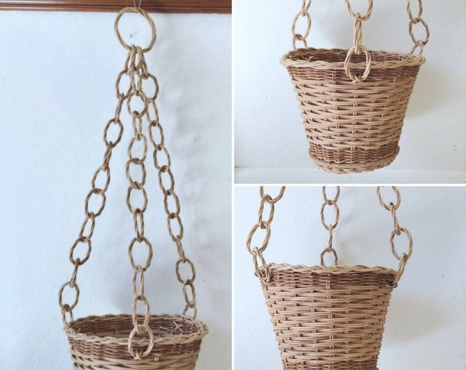 Vintage Hanging Wicker Plant Basket With Wicker Loop Chain Boho Rattan
