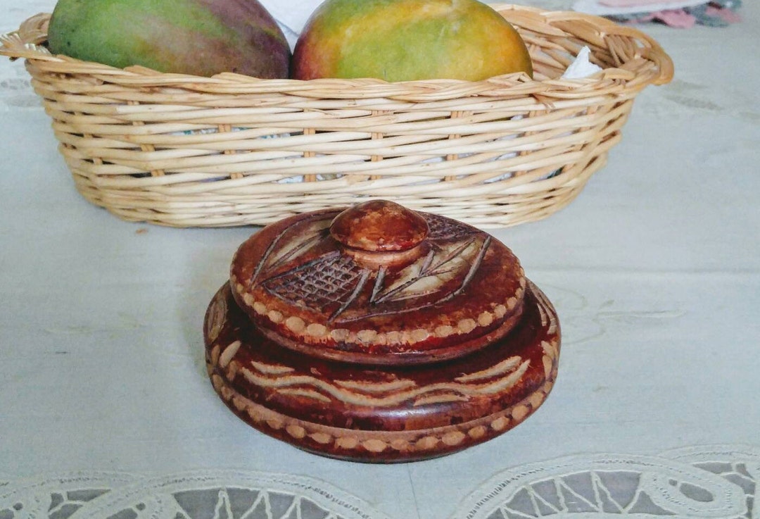 Rustic Folkart Wood Box Small Carved Wood Stash Box Two Tone Wood Round ...