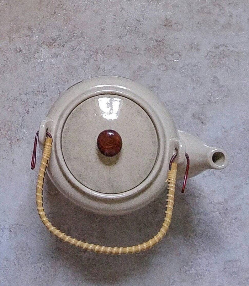 Owl On Branch Rustic Stoneware Pottery Tea Maker Retro Owl Teapot Vintage 1960s Drinkware Rattan Wrap Handle