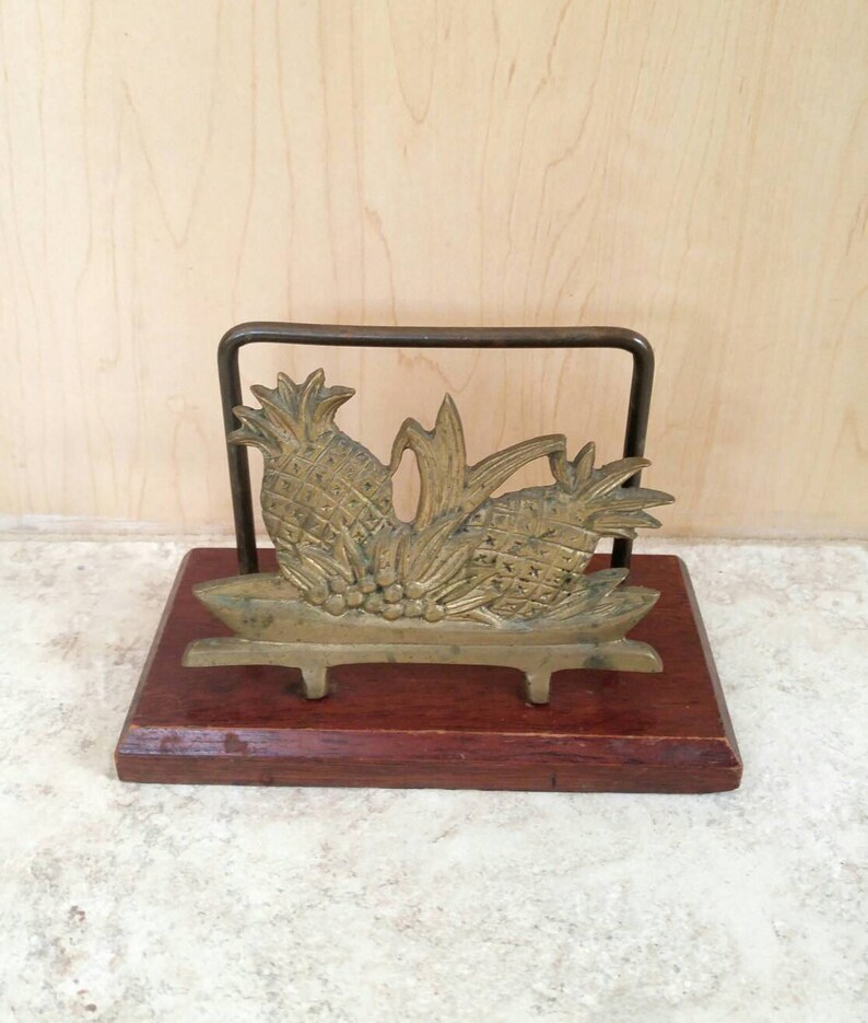 Brass Pineapple Napkin Holder Vintage Brass and Wood Etsy