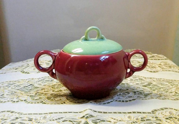 Universal Pottery Sugar Bowl And Lid Two Handled * Brown And Green * Vintage Ballerina USA 1950's Dinnerware