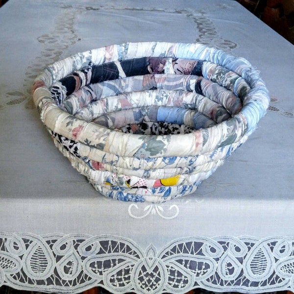 Wrapped Fabric Coil Basket Cloth Bowl* Frayed Scrap Cloth Coil Basket * Shabby Chic Vintage