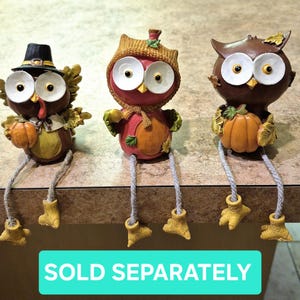 May include: Three decorative owl figurines with large white eyes, each holding a pumpkin. One wears a pilgrim hat, another a fall-themed hat, and the third has leaves. They have dangling legs and yellow feet. The text "SOLD SEPARATELY" is at the bottom.