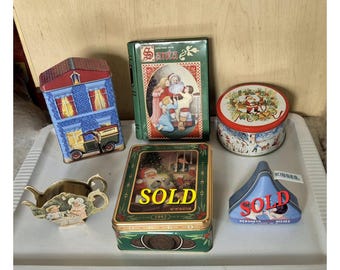CHOICE Vtg Holiday Cookie Tin or Candy Tin Nostalgic Graphics, Oreo Tin, Hershey's Kiss Tin, Christmas Tin,  Santa Book, Plastic Teapot Box