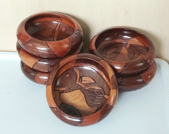 Vintage Carved Wooden Bowl With Fish Design Set Of 6 * Carved Koi Fish Salad Bowl / Fruit Bowl * 2 Tone Wood Lacquered Bowl * Boho Tableware
