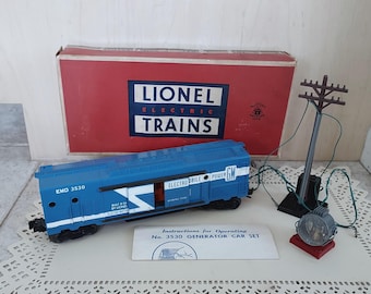 Lionel Postwar 3530 Operating Generator Car 1956-1958 with Telephone Pole, Search Light, Instruction Sheet, Orig Box * Lionel Train Layout