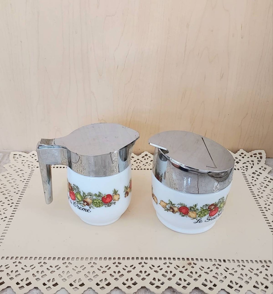 Vintage Gemco Spice of Life Sugar Bowl & Creamer Set Retro 70s Milk Glass Pitcher and Sugar Bowl