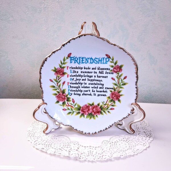 Friendship Poem Plate Wall Hanging With Roses Gold Gilt Scalloped Edges * Vintage Porcelain Rose Plate *  Gift For Friend Collector Plate