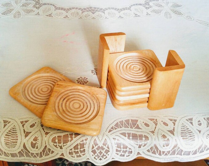 Wood Bullseye Coasters and Caddy Set of 6 Dolphin Company Etsy