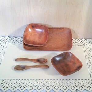 Natural Wood Condiment Set 5 Piece Boho Style Party-ware * Vintage 70s Alli Woods Monkey-Pod Serving Ware * Rustic Retro Tableware