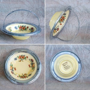 May include: A vintage silver-plated serving dish with a floral design and a removable handle. The dish is made for "Fashioncraft" and has a yellow background with red, orange, and yellow flowers.