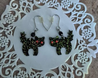 Vintage 90's Glitter Cat Halloween Earrings * Black Cat Pierced Earrings * Sparkle Cat Earrings * Scaredy Cat Ear Jewelry * Cat Lover Gift
